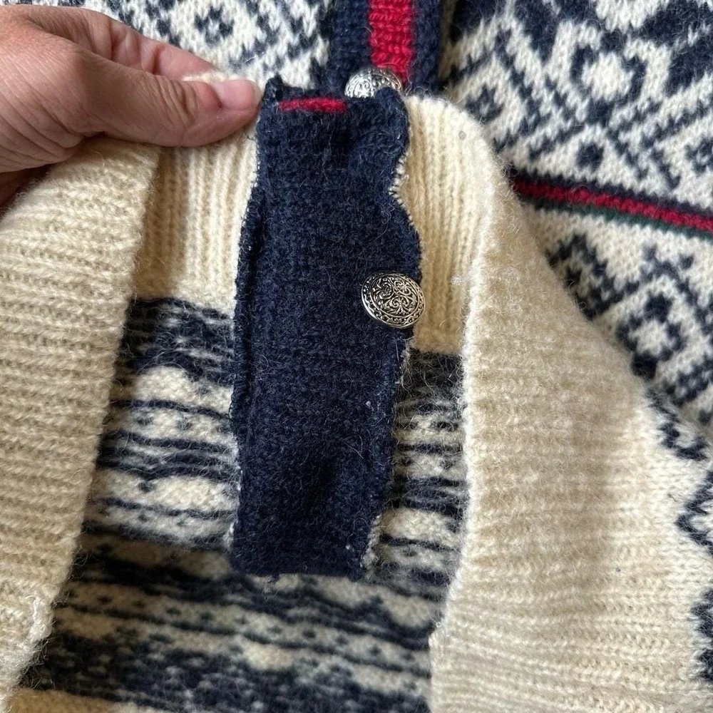 LL Bean Vintage Nordic Fair Isle Wool Sweater M Cream Multi Knit Button Front - Picture 6 of 10
